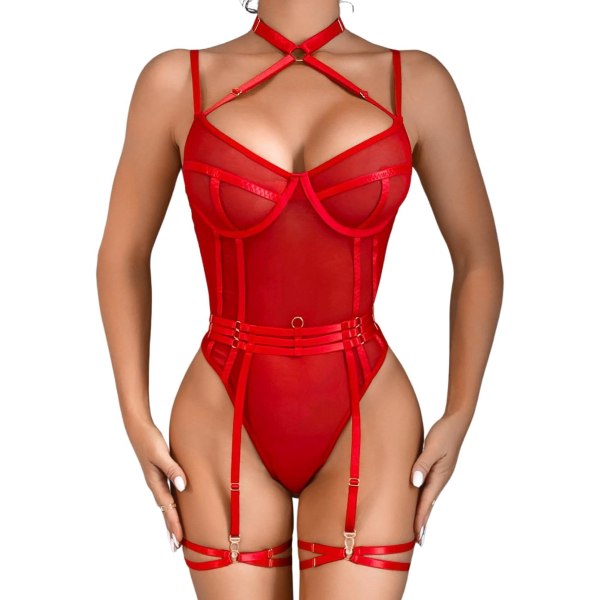 i&Shi Rave Outfits, Sexig Top Strappy, Snap Crotch, 3PC Backless Mesh Body Röd 2-4