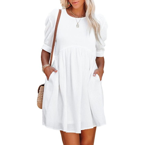 ivimos Sommarklänning för kvinnor Bomull Puffärmar Boho Casual Lös Babydoll Miniklänning med fickor Vit X-Large
