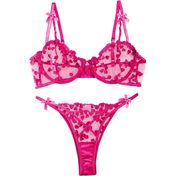 osy Sexig bygel söt push up remmar broderad mesh genomskinlig underkläder set genomskinlig trosa bh rosett varm rosa X-Large