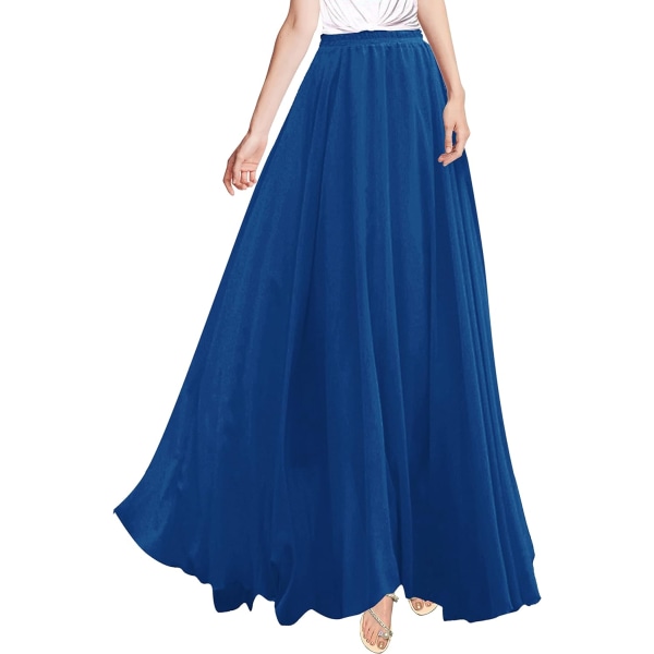 Kvinnor Full/Ankel Längd Elastisk Plisserad Retro Maxi Chiffon Lång Kjol Blå XX-Large