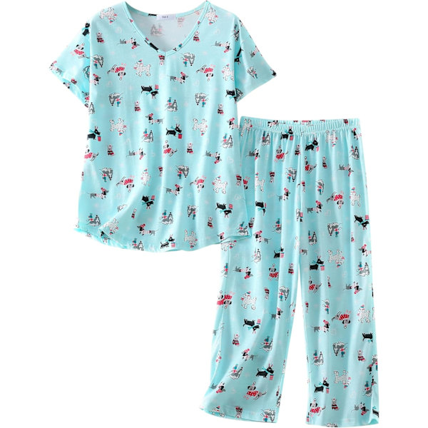 EONG Dam Pyjamas Set Sovkläder Toppar med Capribyxor Casual och Roliga Tryck Pyjamas Set