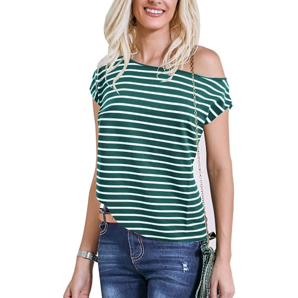 oco Dam 80-talets axelbandslös toppar kortärmad casual lös passform blus T-shirt grön, nautisk randig liten