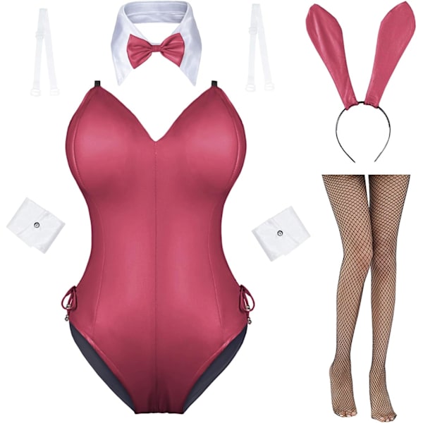 ens Bunny Girl Senpai Cosplay Anime Rollspel Kostym En Delig Bodysuit Strumpbyxor Set Röd-avtagbar P 5X-Large