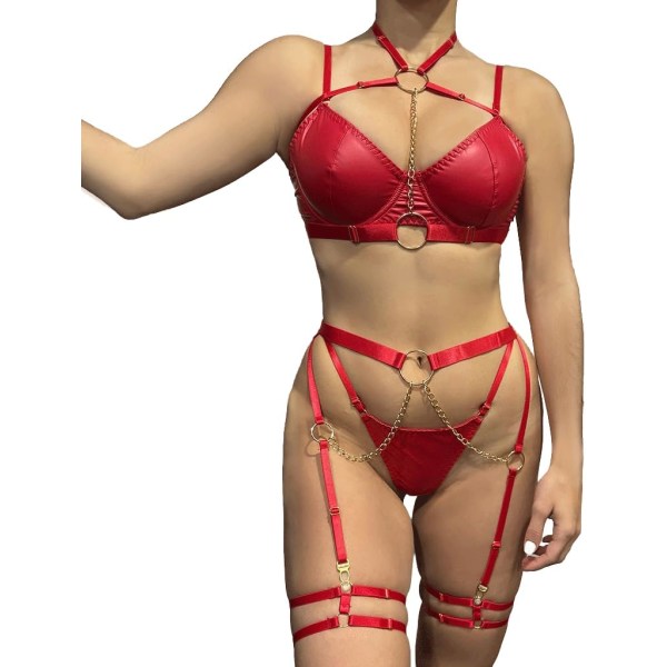 tikLace Sexiga underkläder för kvinnor - Damunderkläder - Set - Exotiska damunderkläderset - Läderunderkläder Röd X-Large