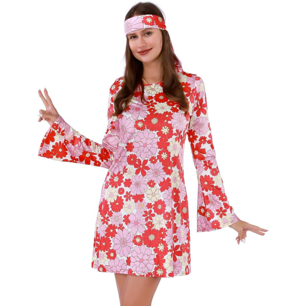 SHM 70-talsdiskokläder för kvinnor Hippiedräkt för kvinnor Go Go Tjejdräkt kvinnor 70-talsdansklänning med pannband Röd Medium