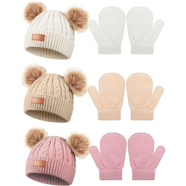 INIOR 3 Set Toddler Hat Glove Set, Barn Vintermössor Varmt Stickad Mössa Vantar Handskar med Rosett för Baby Flickor Pojkar 0-6Y Rosa, Vit, Li