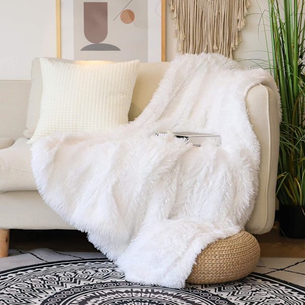 Tdrom Vit Konstgjord Pälsfilt, Dekorativ Mjuk Pälsfilt för Soffa (50x60 tum) Lätt Mikrofiber Fluffig Bekväm Shaggy Mysig Plysch Fuz