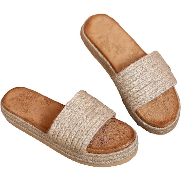 dusa Dam singelband Espadrille Flatform Sandaler Halm Slip On Slides Apricot 9.5