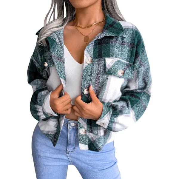 uo Dam Fashion Cropped Shacket Button Down Corduroy Shacket Jackor Rutig Grön X-Large