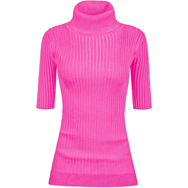 Dam med polokrage 1/2 halvärm Mycket stretchig ribbstickad passformad tröja Hot Pink Medium