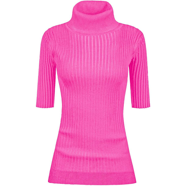 Dam Turtleneck 1/2 Halv Ärm Hög Stretch Ribbstickad Åtsittande Tröja Hot Pink X-Small