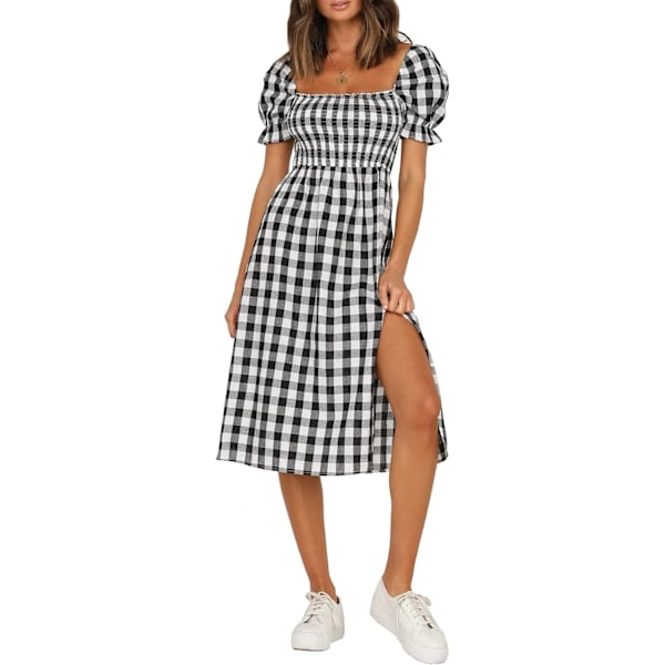 ivimos Sommarklänning för kvinnor Bomull Rutig Puffärmar Avslappnad Off-Shoulder Boho Sidoslitsad Midiklänning Svart-rutig Stor