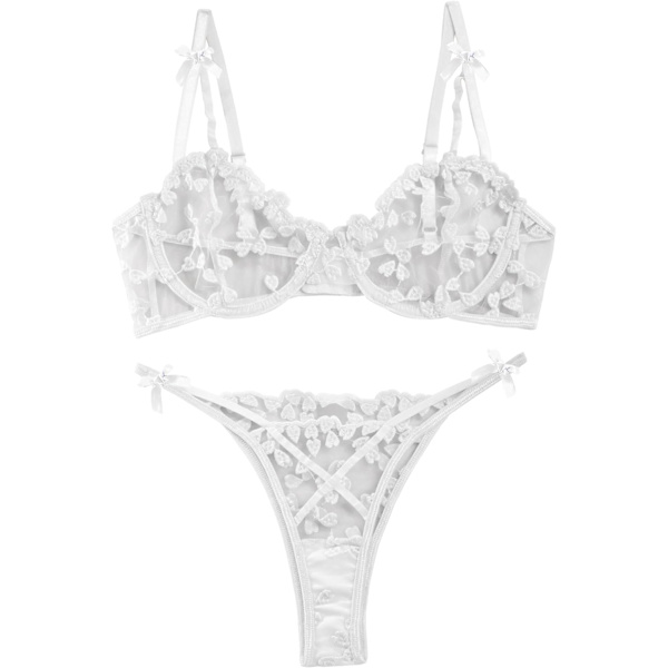 osy Sexig bygel söt push up remmar broderad mesh genomskinlig underkläder set genomskinlig trosa bh vit X-Small