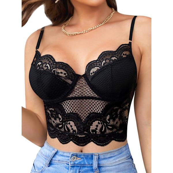 iv Damspets Bralette Bustier Crop Tops Sexig Blommig Korsett Underkläder Toppar Spets BH Cami Toppar Svart/ Underwir Liten