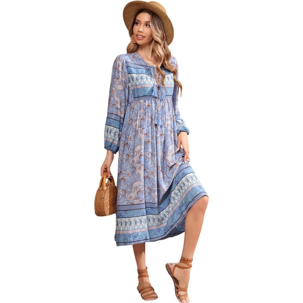 ivimos Dam långärmad blommig retro V-ringad tofs casual bohemisk midiklänningar Paleblue X-Large