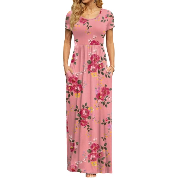 MOON Damklänning med korta ärmar, lång maxiklänning med hög midja och fickor, rosa blommig, medium