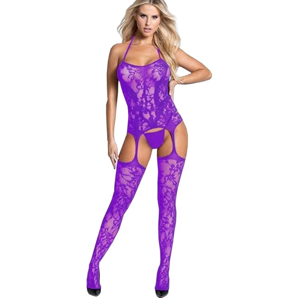 tifo Fishnet Bodystocking Plus Size Grenlös Bodysuit Lingerie för Kvinnor Lila Gb En Storlek