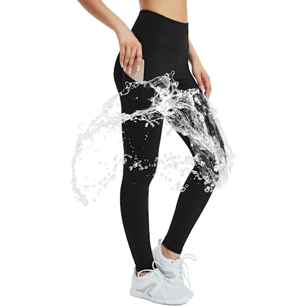 PS Fleece-fodrade leggings för kvinnor, vattentäta vintertermiska leggings för kvinnor, tjocka varmfodrade yogabyxor med fickor, svarta, X-Large