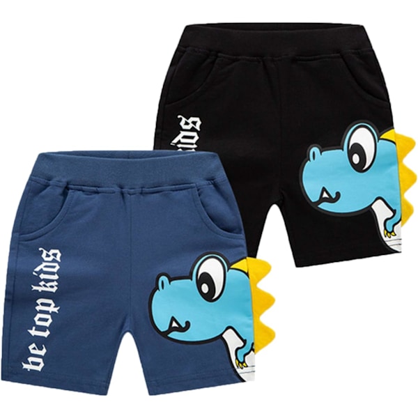 Xiang 2-pack stickade sportsshorts för pojkar och flickor, mjuka shorts med dragsko för småbarn och bebisar, svarta och blå, 5T