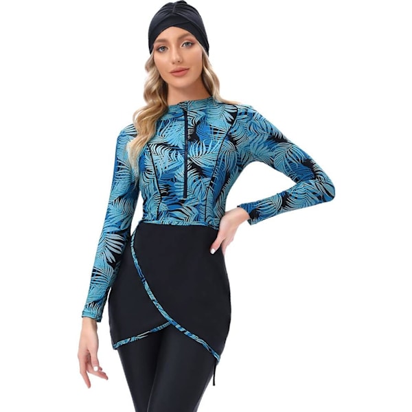 lim Badkläder för kvinnor Modest Swimsuit Burkini Topp Byxor Hijab 3 Delar Full Cover Blommigt tryck Baddräkt Islamisk Blå Palmetto L X-Large