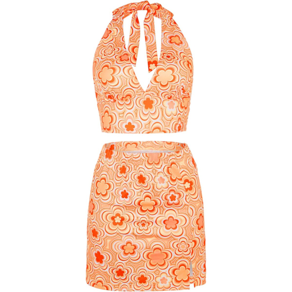dusa Dam 2-delat set Blommig kort halterneck-topp och split bodycon-set Gul X-Small