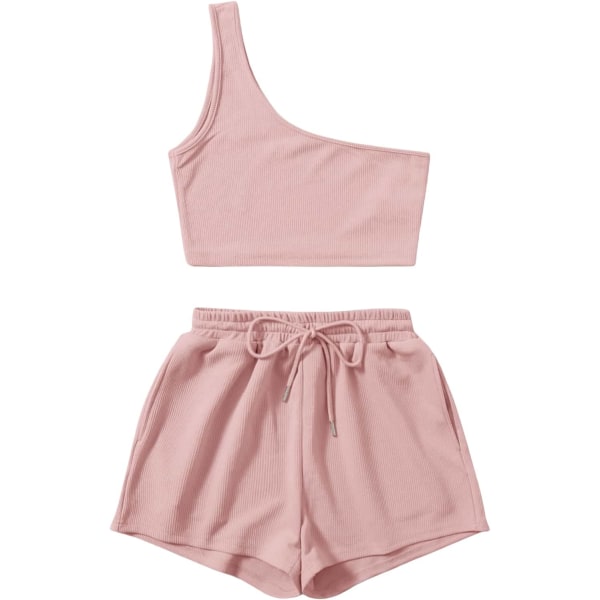 dusa Dam One Shoulder Tank Top och Lounge Shorts 2 Piece Tracksuit Set Rosa Medium