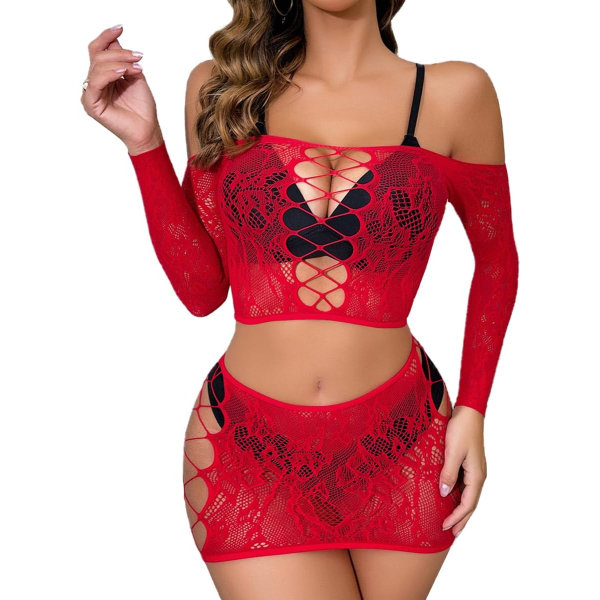 tifo Damunderkläder Set Fishnet BabyDoll Bodysuit Sexig Nattkläder Röd Tjca One Size