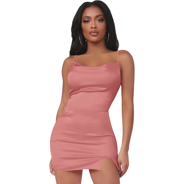 dusa Dam Split Hem Cowl Neck Spaghetti Strap Satin Cami Bodycon Klänning Dusty Pink Medium