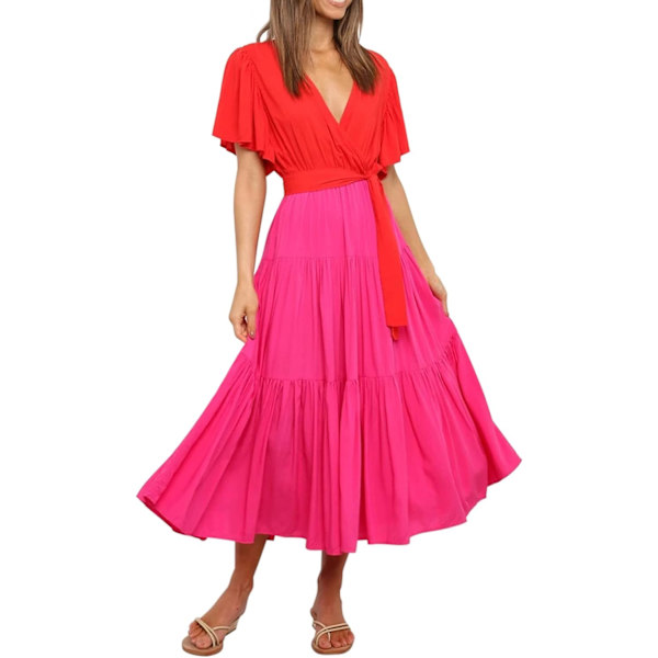 ivimos Sommarklänning för kvinnor Bomull Volang Korta ärmar V-ringning Casual Flowy Midiklänning med bälte Redhotpink-shor Medium
