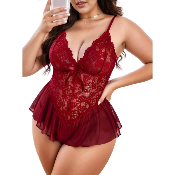 cyRose Dam Plus Size Lingerie Bodysuit Sexig En Delig Teddy Blomspets Babydoll Chemise Vin 5X-Large