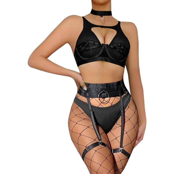 osy Dam Sexig Strappy Push Up Strumpeband Lingerie Set Blommig Spets Sheer 3 Delar Strumpa Strapp Medium