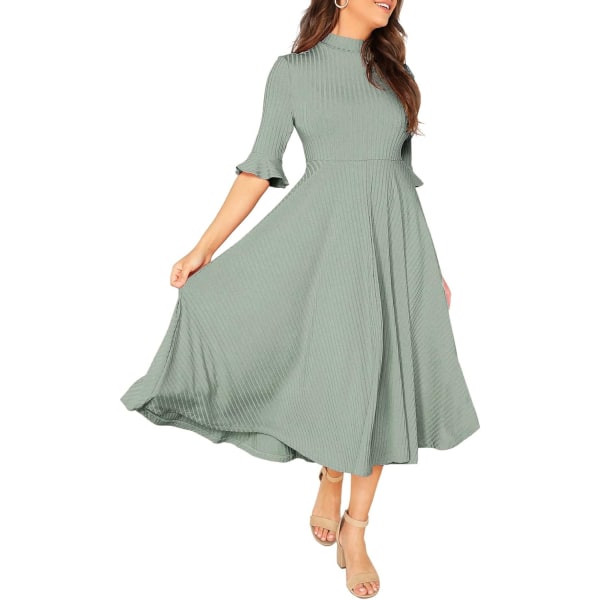 dusa Dam Elegant Ribbed Knit Bell Sleeve Fit and Flare Midi Dress Mint Green XX-Large