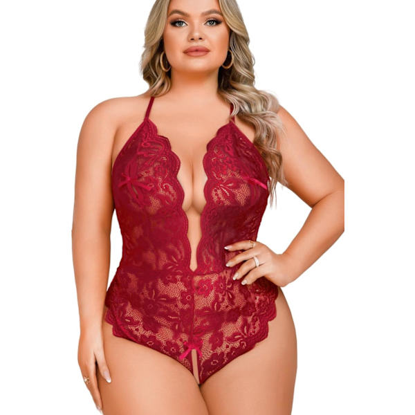 UYAB Plus Size Lingerie, Satin Bow, Back Heart Rhinestone, Plunge Teddy Burgundy 16W