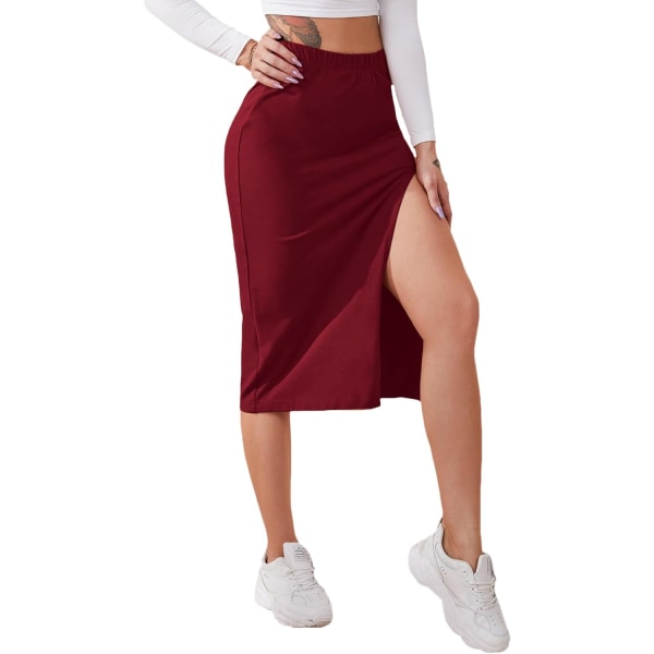 dusa Dam Elastisk Midja Split Lår Pennkjol Bodycon Midi Kjol Bourgogne Stor