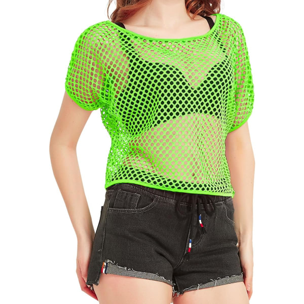 DPARTY Kvinnor Casual Sexiga 80-talskostymer Fishnet Neon Off Shoulder T-shirt Två delar, Fishnet Handskar, Benvärmare 1 bit Grön X-Large