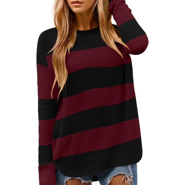 MOON Dam Crewneck Långärmad Stickad Tröja Lös Passform Mjuk Solid Pullover Randig 03 X-Large