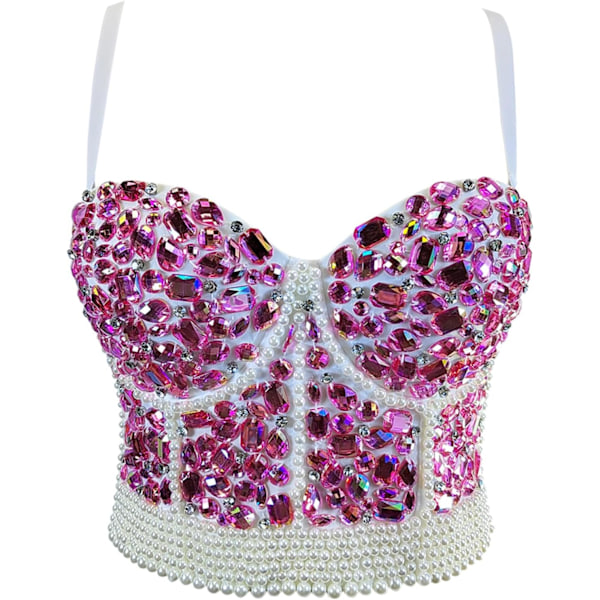 NDEO Dam Rhinestone Diamond Bead Bustier Crop Top Club Party Glitter Korsett Topp BH Väst Rosa Vit X-Small