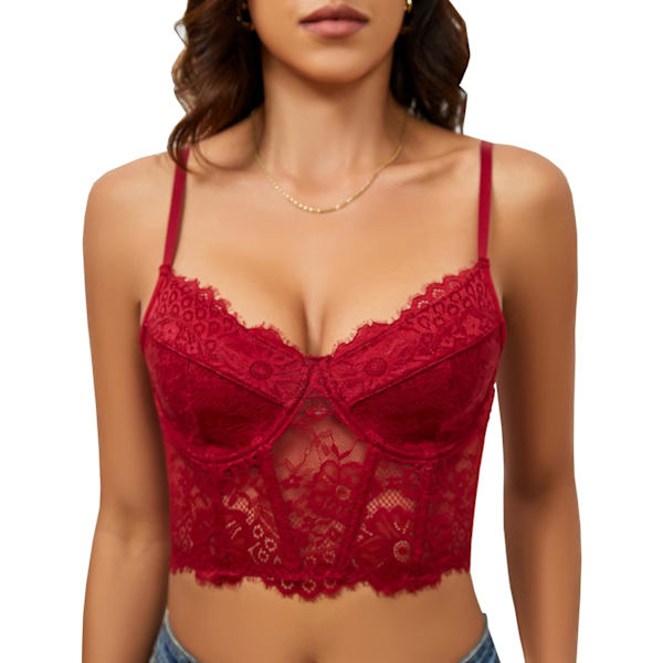 CIYBO Spetskorsett Topp Bustier Toppar för Kvinnor Spaghetti Justerbar Rem Genomskinlig Crop Bralette Vinröd X-Small