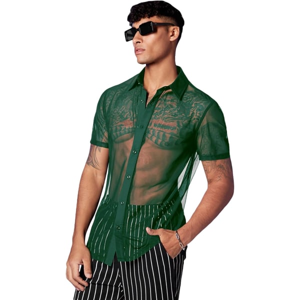 dusa Sheer Mesh Button Up Skjorta för män Se Through Kortärmad Topp Mörkgrön Large