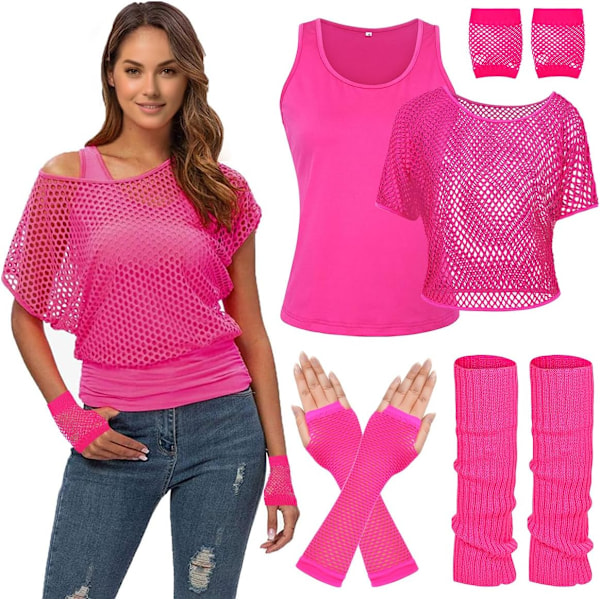 DPARTY Dam Casual Sexy 80-tals Kostymer Fishnet Neon Off Shoulder T-Shirt Två Delar, Fishnet Handskar, Benvärmare Rosa X-Large