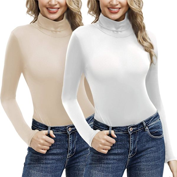 acks Dam långärmad svart mock turtleneck pullover stretch slim lager topp vit och khaki X-Large