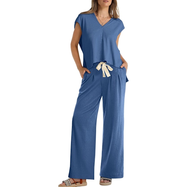 EFAN Lounge Sets för kvinnor Tvådelad outfit Huvtröja och vida byxor Träningsset 08-blå X-Large