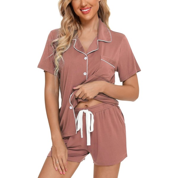 ng Dam Button Down Pyjamas Set V-hals Kortärmad Nattkläder Mjuk Pj Set S-XXL, A Style Byxor Inga B - Lotus Rosa (med Shortsfickor) X-Large