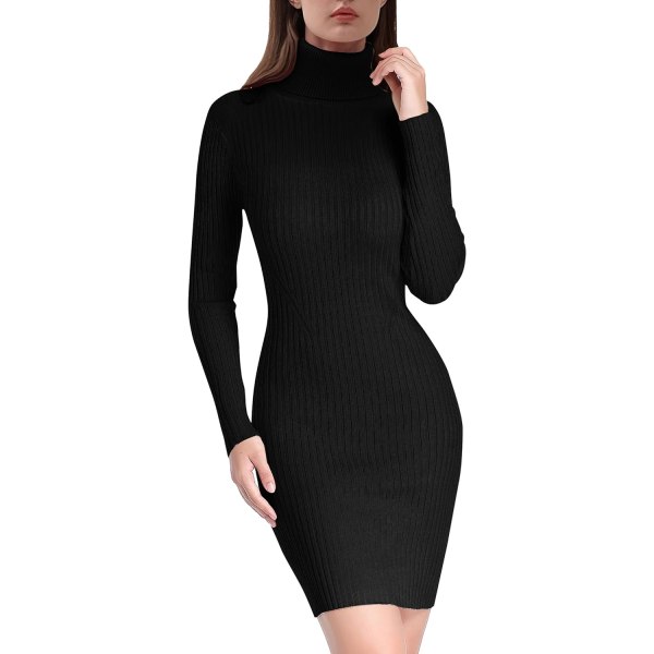 Kvinnor Turtleneck långärmad Bodycon Höst Vinter Mini Slim Knit Sweater Dress Black X-Large