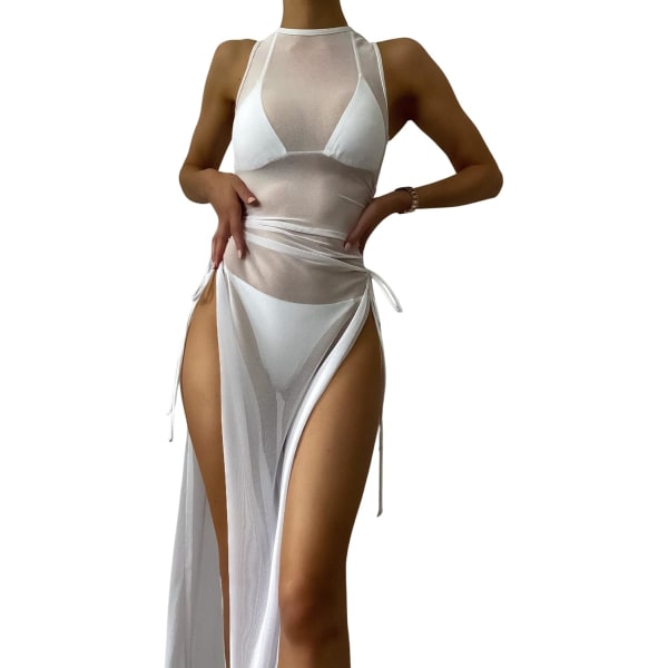 dusa Dam badkläder Mesh Cover Up Hög Split Dragsko Bikini Lång Klänning Vit Liten