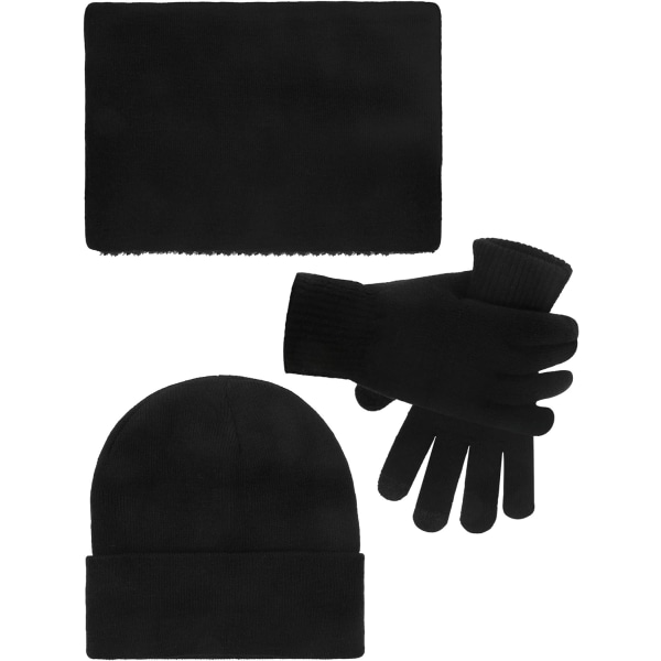 tted Beanie Cap Scarf Touchscreen Gloves, 3-delad vintervarm set för kvinnor och män, svart