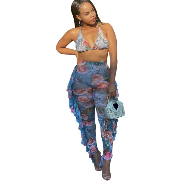 sv Beading Pearl Se Through Sheer Mesh 2-delade Outfits Jumpsuits Crop Top och Hollow Out Ruffle Långbyxor Färg X-Large