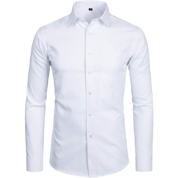 OYAA Långärmad herrskjorta Solid Slim Fit Casual Business Formella Button Up-skjortor med ficka Vit Liten