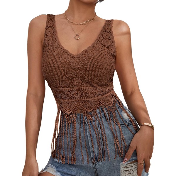 dusa Dam Guipure Spets Frans Kant V-Hals Ärmlös Crop Tank Top Brun Spets Medium