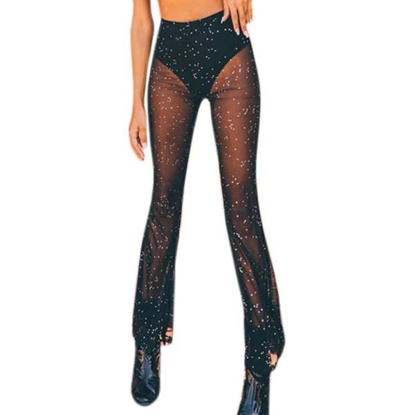 en's Rave Sheer Mesh Sparkly Pants Bell Bottom Rave Outfit Kläder för Festival Dans Clubwear Black X-Large